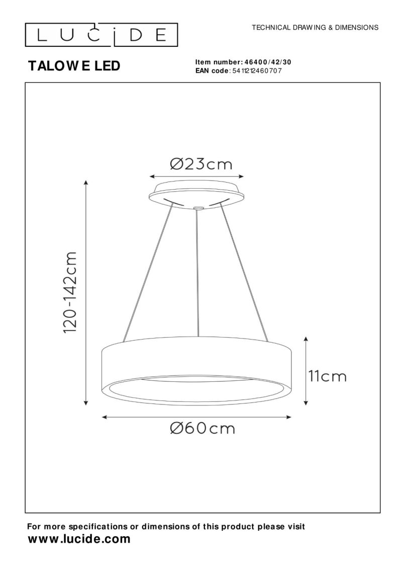 Lucide TALOWE LED - Závesné svietidlo - Ø 60 cm - LED Rozm. - 1x39W 3000K - Čierna